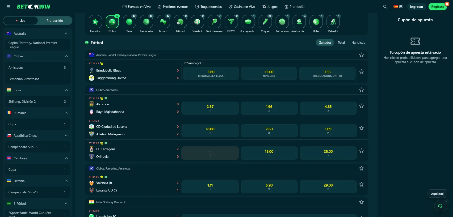 Apuestas deportivas en BetonWin — fútbol, tenis y más mercados