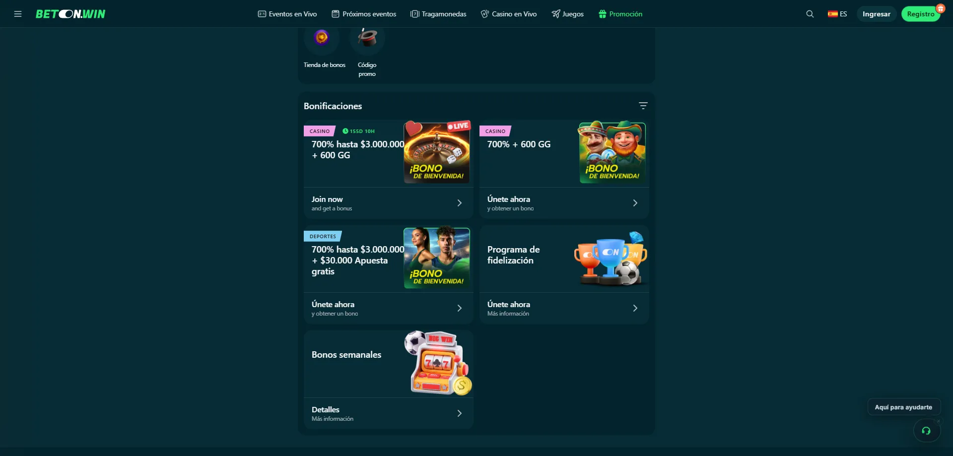 Bonos y promociones de BetonWin Casino — bono de bienvenida hasta €500